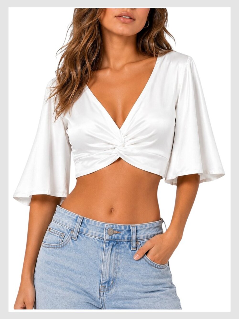 Showpo Satin Crop Top White Twist Front Flutter Sleeve 2 XS